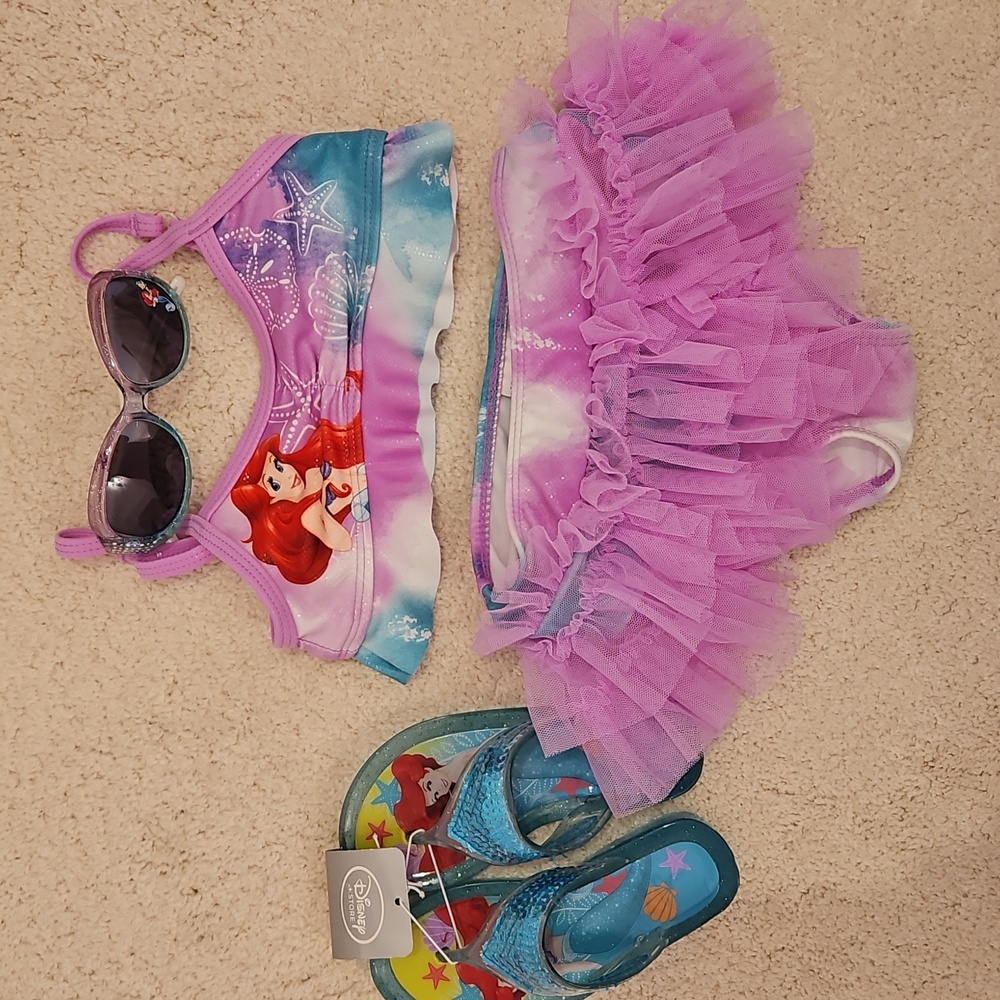 Disney Little Mermaid Bikini Sz 3, NEW Sandal Sz 7/8 &  Sunglasses